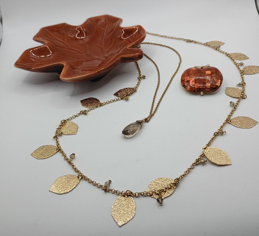 Gold-Tone Leaf Jewelry & Trinket Dish Set – 2 Necklaces + Brooch